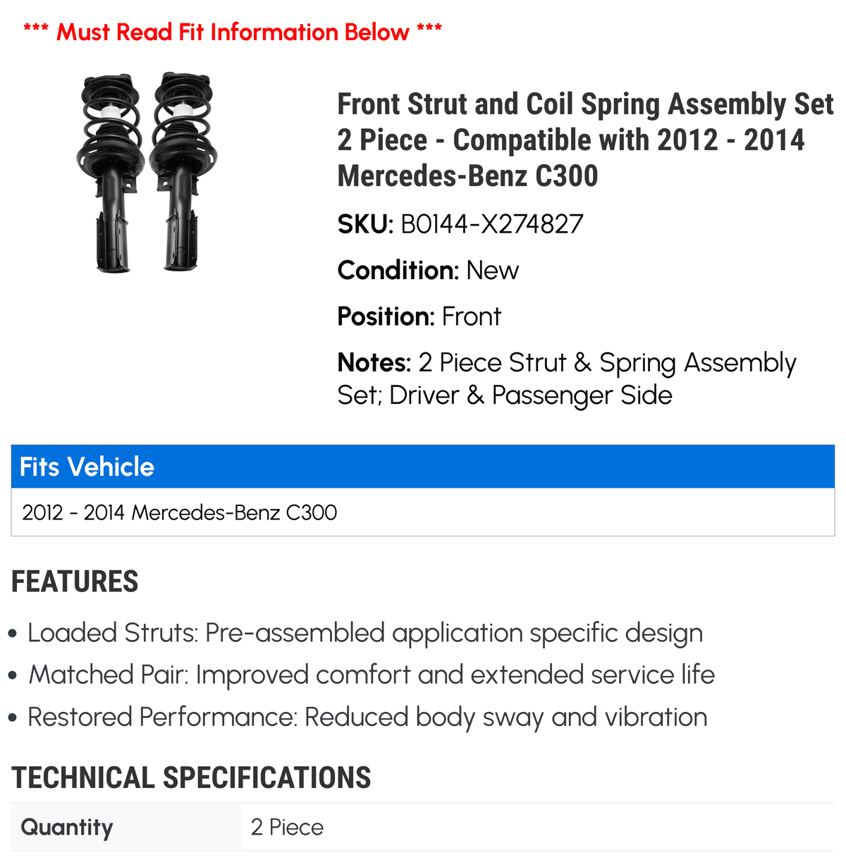 Front Strut and Coil Spring Assembly Set 2 Piece - matching with 2012 - 2014 Mercedes-Benz C300 2013