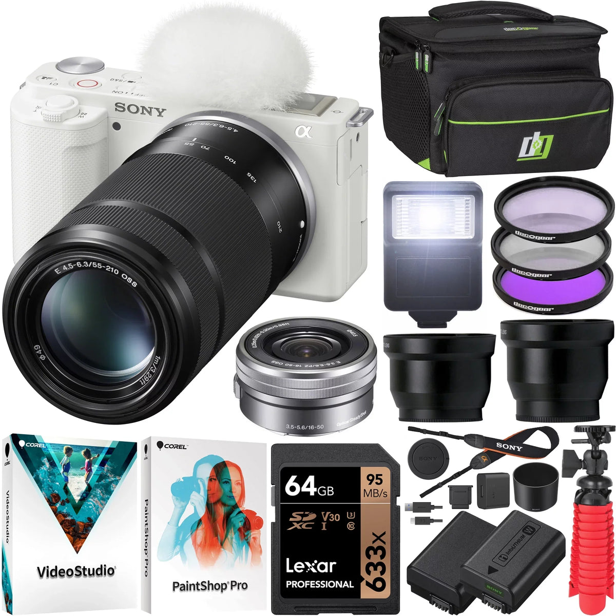 ZV-E10 Mirrorless Alpha APS-C Vlog Camera 2 Lens Kit 16-50mm + 55-210mm ILCZV-E10L/W White Bundle with Deco Gear Case + Filter Set + Wide Angle & Telephoto Lenses + Extra Battery & Accessories