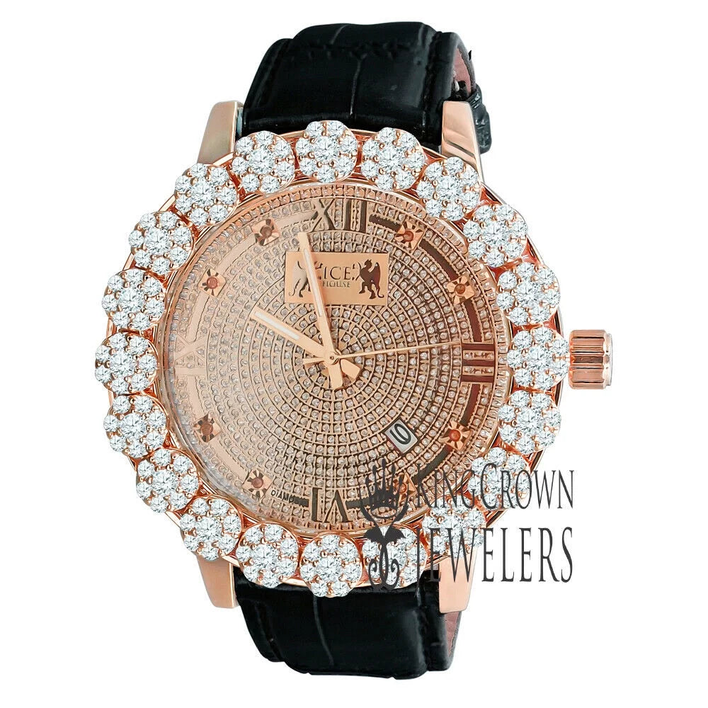 Roman Face Mens Genuine Diamond Dial Rose Gold Tone Flower Bezel Khronos Genuine Leather Wrist Watch W/Date