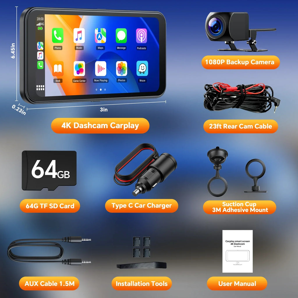 TOGUAR 6.25" Portable  Carplay Android Auto Screen with 4K Ultra HD Dash Cam, Wireless Car Play for GPS Navigation, Bluetooth Car Stereo, Backup Camera Park Assist, Mirror Link Car Radio Receiver