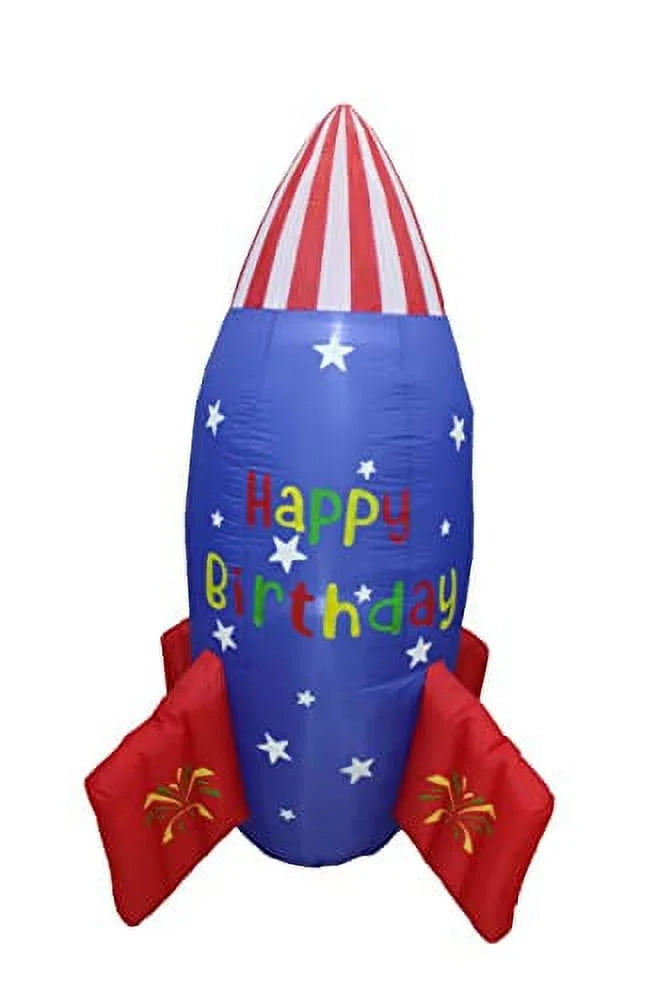 Blossom Inflatables 6 Foot Tall Happy Birthday Inflatable Rocketship  USA Flag Stars Design Pre-Lit LED Lights Lighted Blowup Party Decoration for Outdoor Indoor Home Garden Family Prop Yard