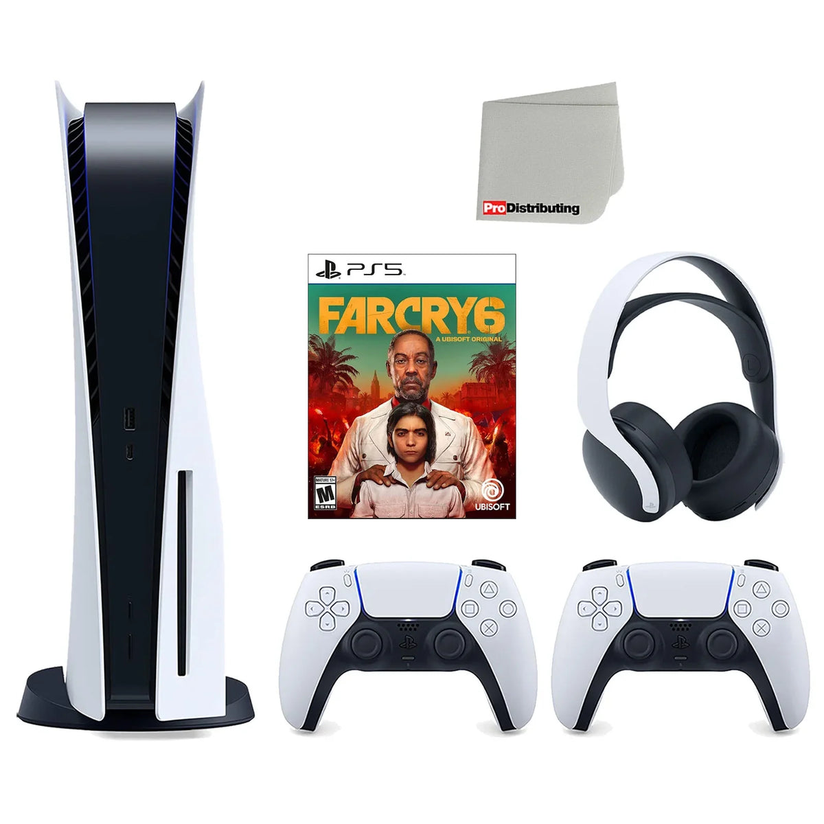 Playstation 5 Disc Version Console with Extra White Controller, White PULSE 3D Headset and Far Cry 6 Bundle with Cleaning Cloth