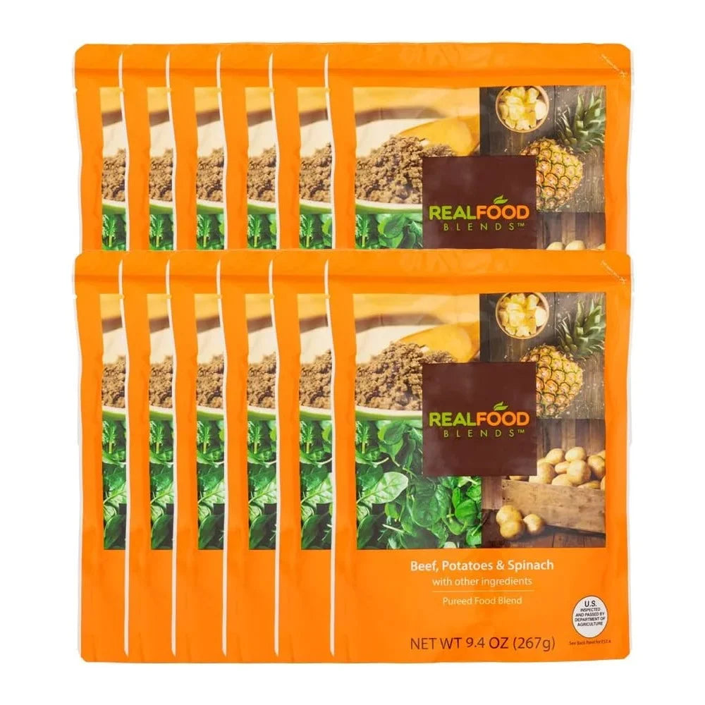 Real Food Blends - Beef, Potatoes & Spinach - Meals for Tube Fed People - 9.4 Oz Pouch (Pack of 12)