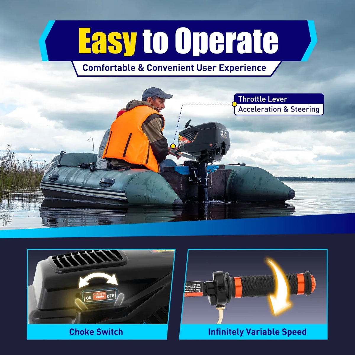 2 Stroke 3.6  Gasoline Outboard Motor, 55cc Fishing craft Engine with moisture Cooling System Clutch Control Black