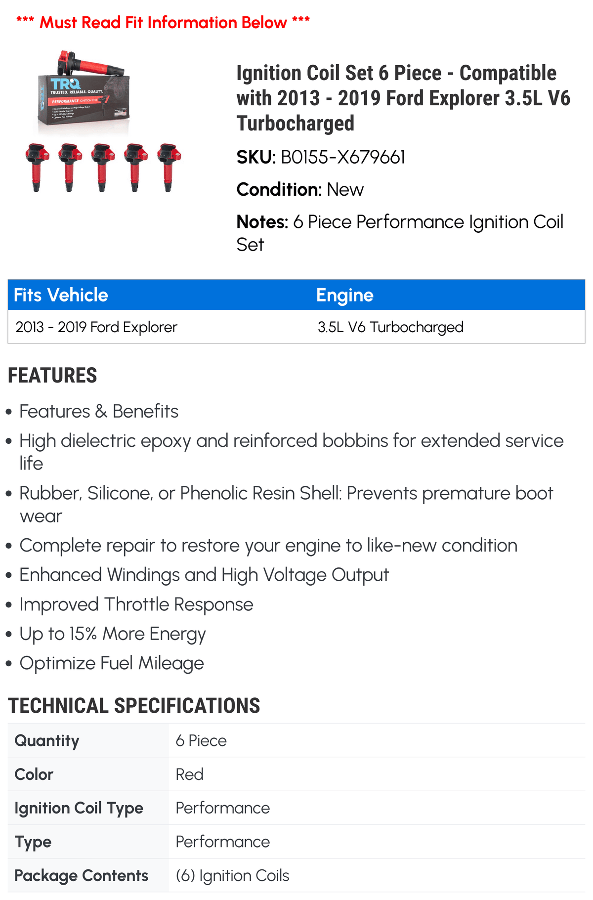 Ignition Coil Set 6 Piece - appropriate with 2013 - 2019  Explorer 3.5L V6 Turbocharged 2014 2015 2016 2017 2018