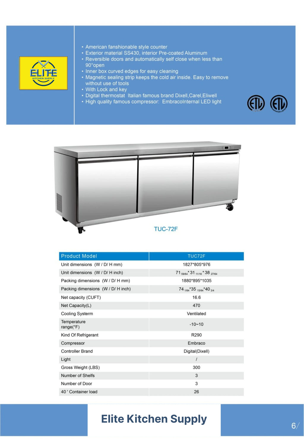 ft..  Commercial Three Door Undercounter Freezer 16.6 cu. 72 in