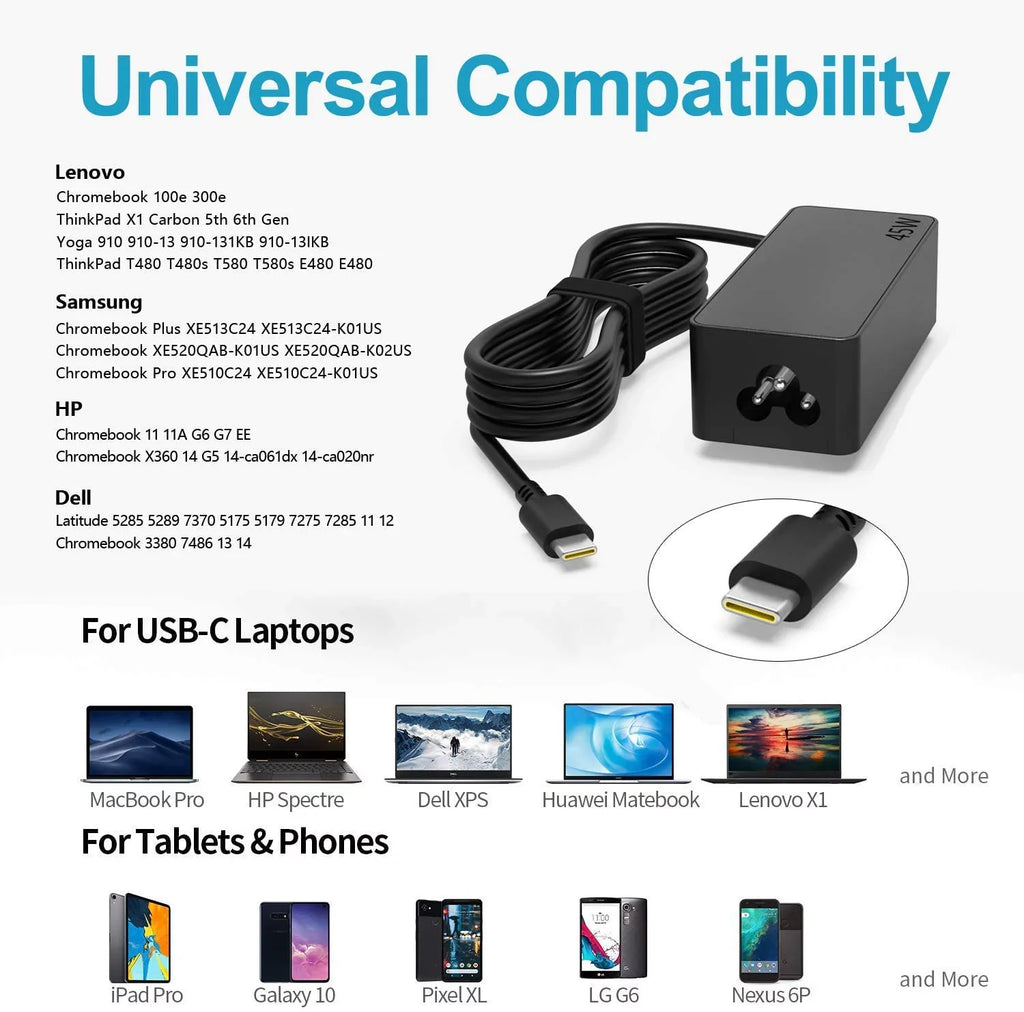 45W 20V 2.25A USB-C Laptop Charger ADLX45UDCK2A for  Chromebook Yoga C630 - 20N8