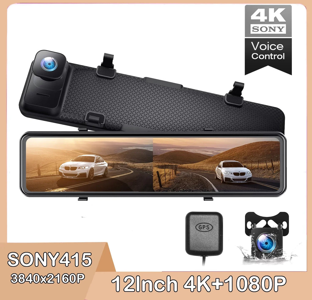 TOGUARD 4K Mirror Dash Cam, 12" Touch Screen  Sensor Dual Dash Cam, Rear View Mirror Camera, with GPS, Parking Assist, Super Night Vision