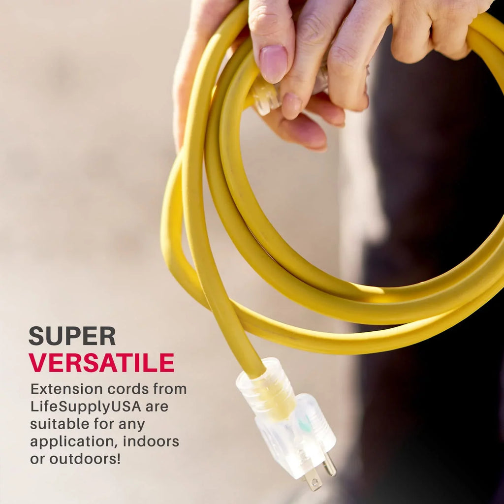 LifeSupplyUSA 100 ft Yellow Extension Cord - Durable Outdoor & Indoor Use, 16 Gauge, 3 Prong, Lighted, Flexible, Oil & Abrasion impervious, 10 AMP, 125V, 1250W, Smart Plug suitable.
