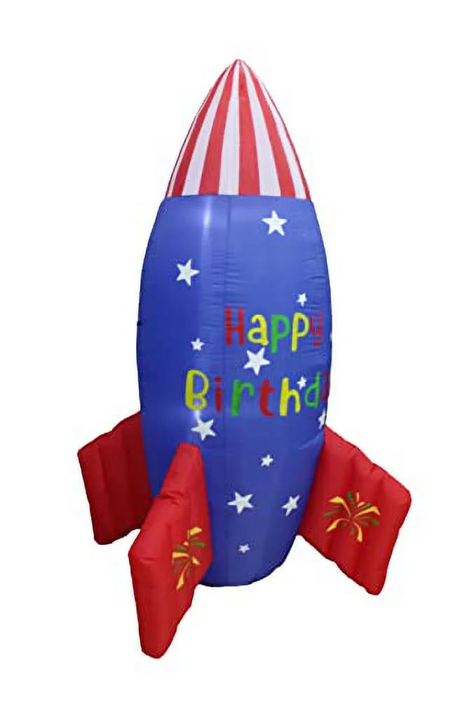 Blossom Inflatables 6 Foot Tall Happy Birthday Inflatable Rocketship  USA Flag Stars Design Pre-Lit LED Lights Lighted Blowup Party Decoration for Outdoor Indoor Home Garden Family Prop Yard