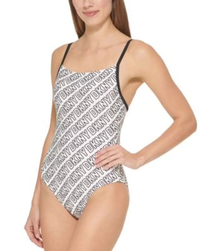 DKNY WHITE/BLACK Logo-Print One-Piece Swimsuit, US X-Large