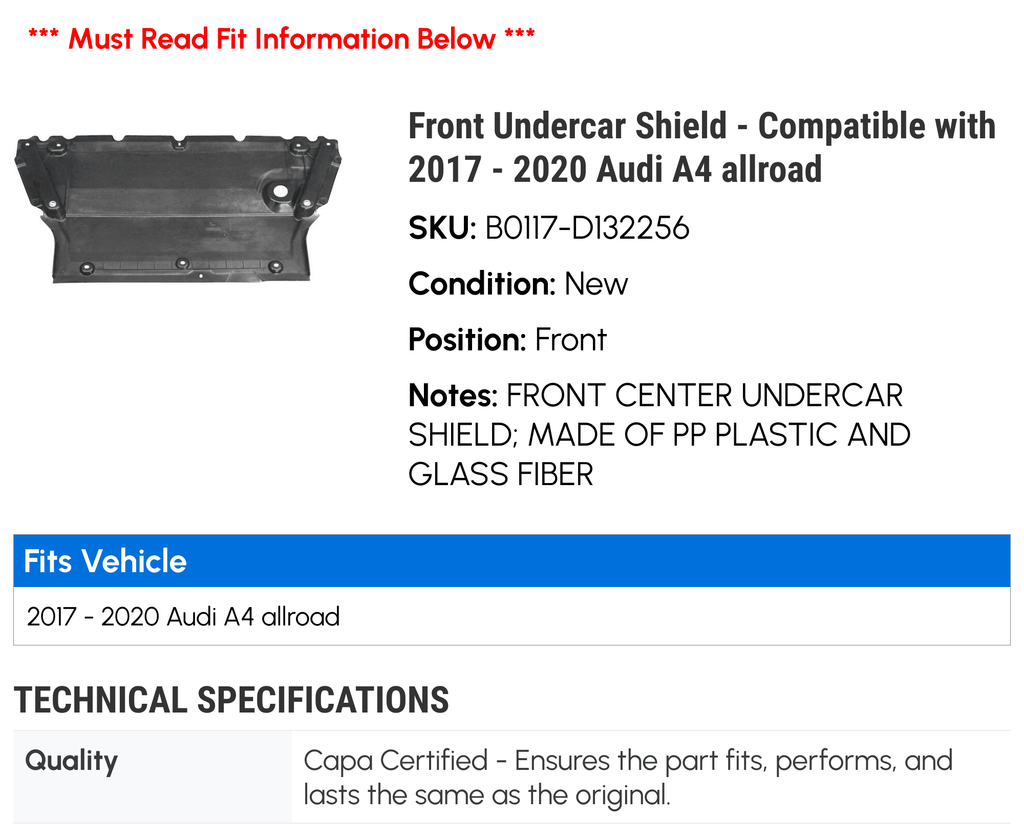 Front Undercar Shield - matching with 2017 - 2020 Audi A4 allroad 2018 2019