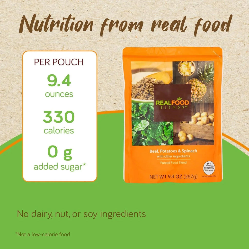 Real Food Blends - Beef, Potatoes & Spinach - Meals for Tube Fed People - 9.4 Oz Pouch (Pack of 12)