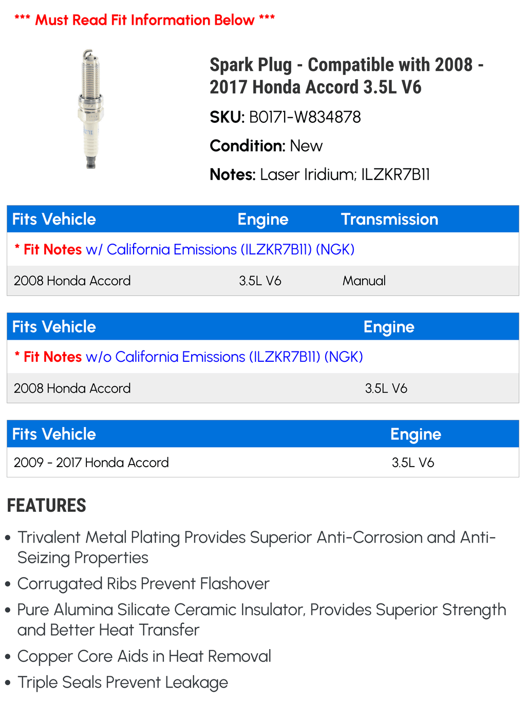 Spark Plug - matching with 2008 - 2017 Honda Accord 3.5L V6 2009 2010 2011 2012 2013 2014 2015 2016