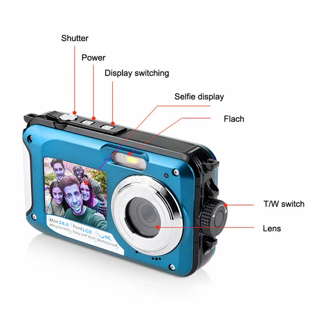 Megapixel Waterproof Dual Screen Full HD 1080P Digital Camera For Under liquid Photo And Video Recording For Selfies With LED Flash Light Teen Electronics for Girls