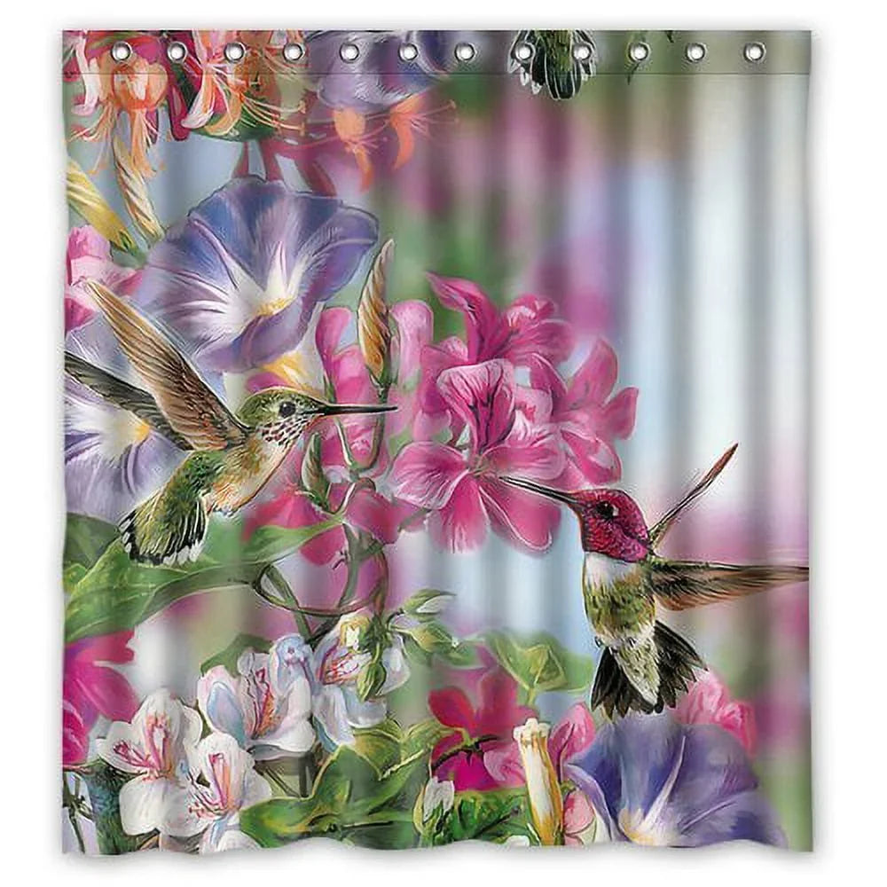 HelloDecor Hummingbird Gathering Honey Morning Glory Shower Curtain Polyester Fabric Bathroom Decorative Curtain Size 66x72 Inches
