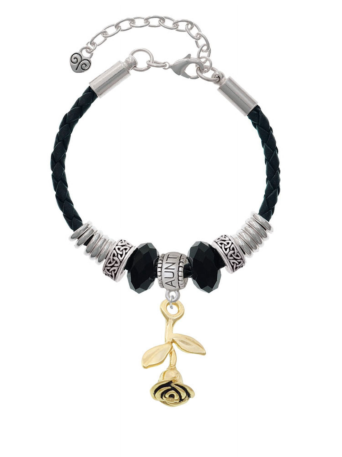 Delight Jewelry Goldtone Stemmed Rose Aunt Celtic Knot Leather Bead Bracelet, 7"+2" Extender