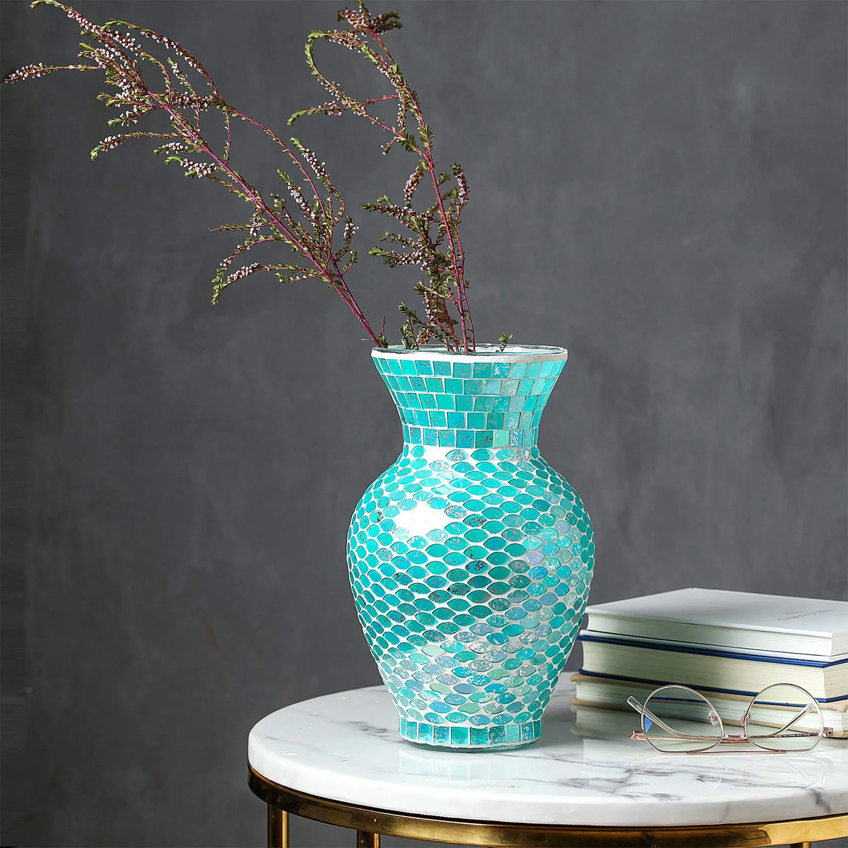 WHOLE HOUSEWARES 10.5" Tall Mosaic Glass Vase (Blue)