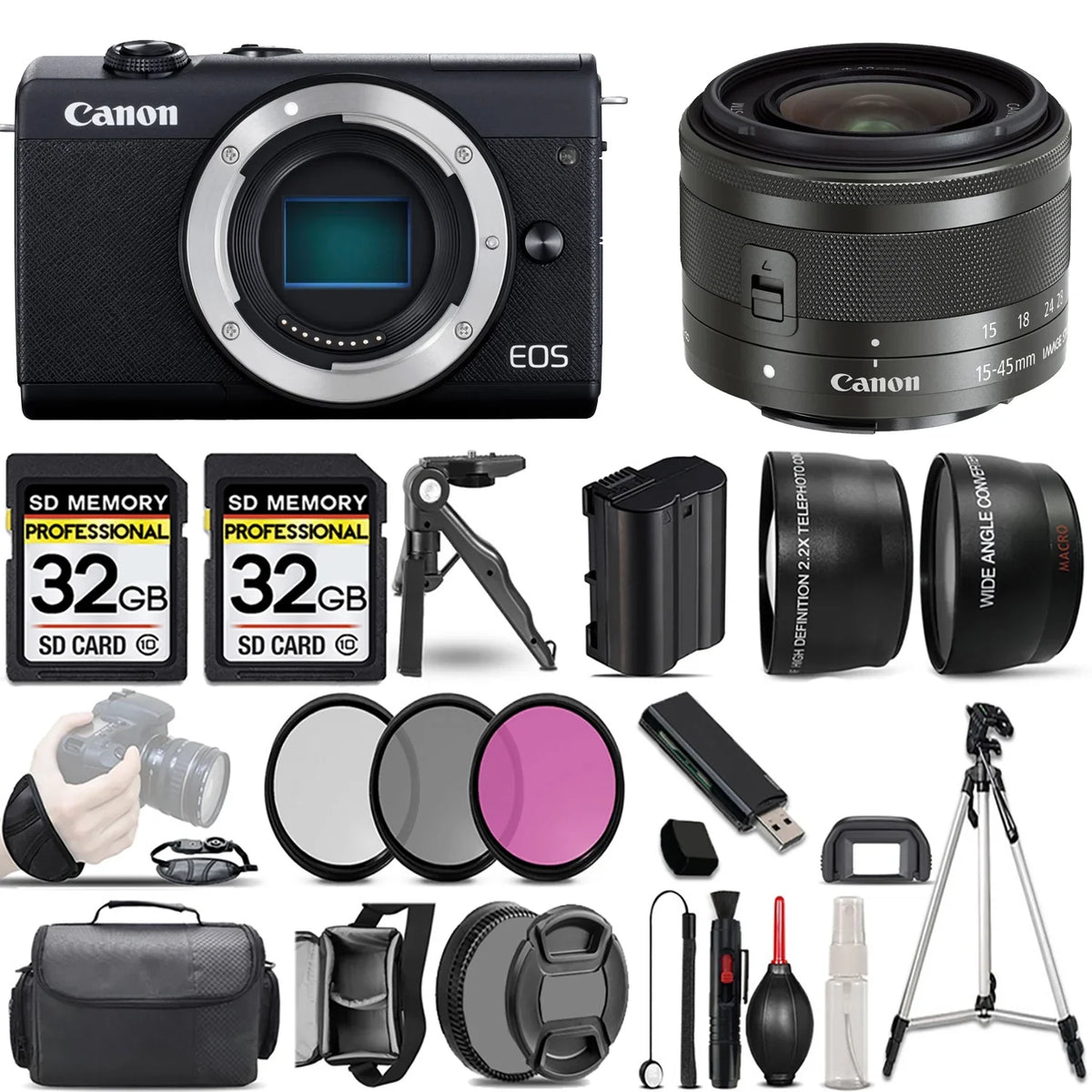EOS M200 Mirrorless Camera (Black) +15-45mm f/3.5-6.3 IS STM Lens (Graphite) +3 PC Filter +64GB