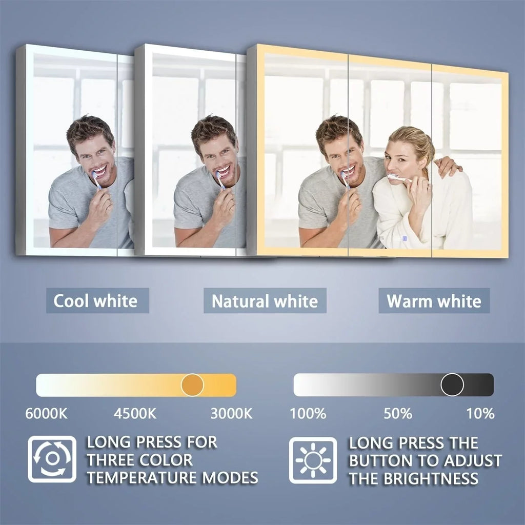 Rim 48" W x 36" H Led Lighted Medicine Cabinet Recessed or Surface with Clock and mirrors