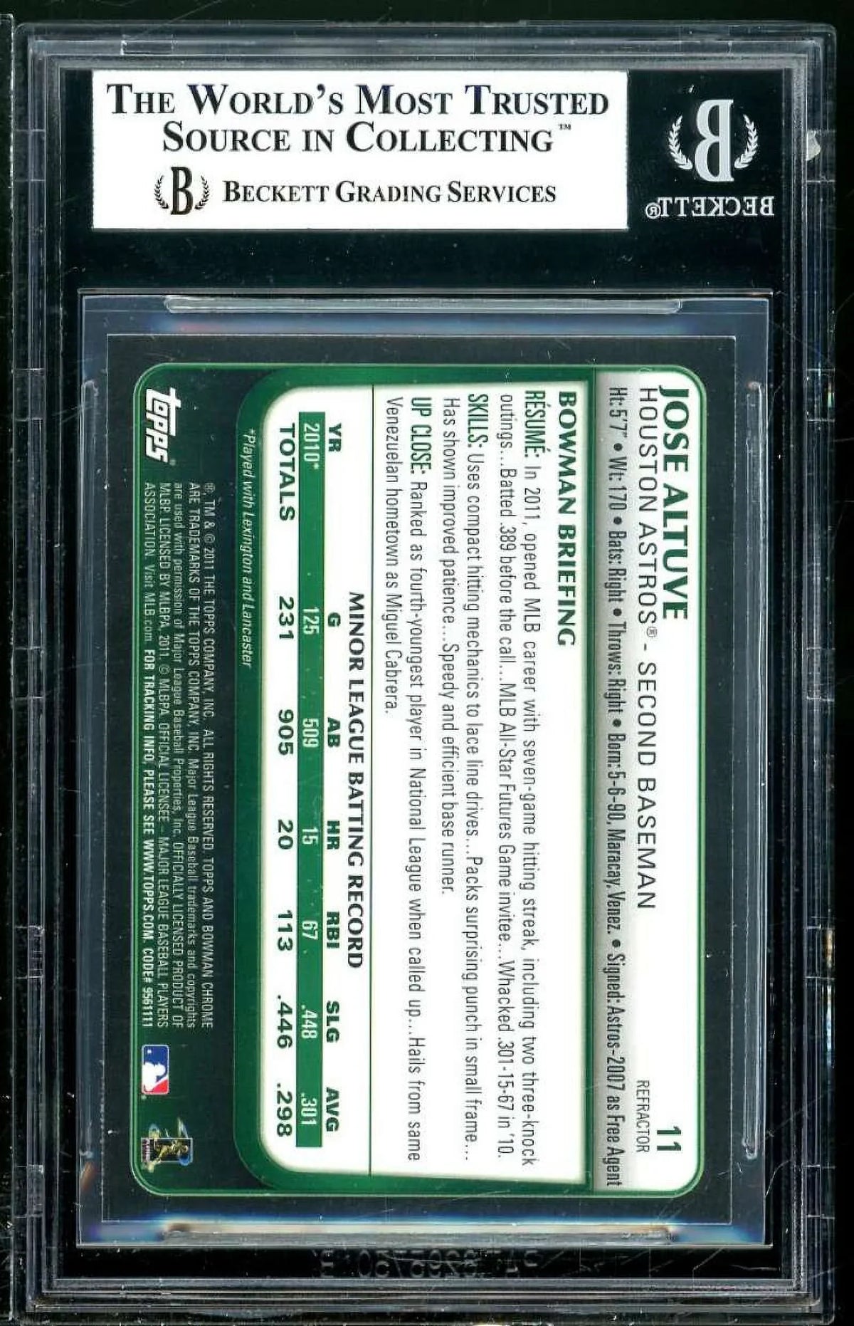 Jose Altuve Rookie Card 2011 Bowman Chrome Draft Purple Refractors #11 BGS 8.5