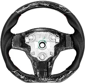 Cobra-tek Carbon Fiber Steering Wheel Forged suitable with Tesla 3 2017 - 2018 - 2019 - 2020 - 2021 - 2022 - Red Stitches - Non-Slip and Protection - Hand-Saber