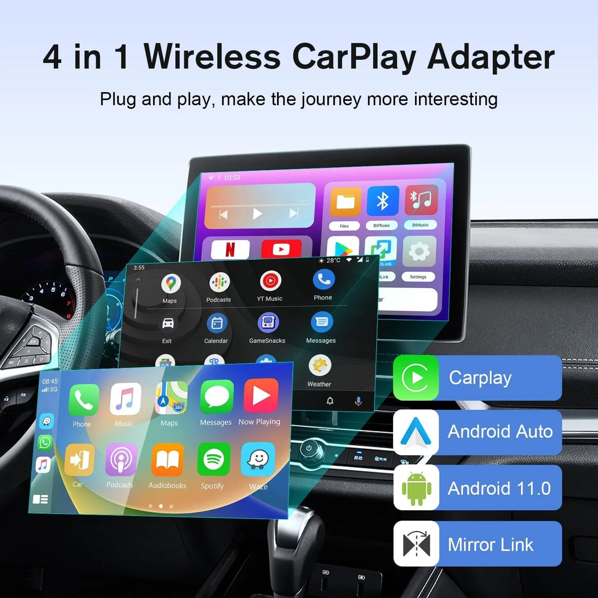 [2024 Newest] The Drivebox Pro for Car Autoflix,4 in 1 Android Auto Wireless Adapter & CarPlay Wireless Adapter with Netflix/Youtube/Screen Mirroring, Magic Link CarPlay Box Stream to Your Car