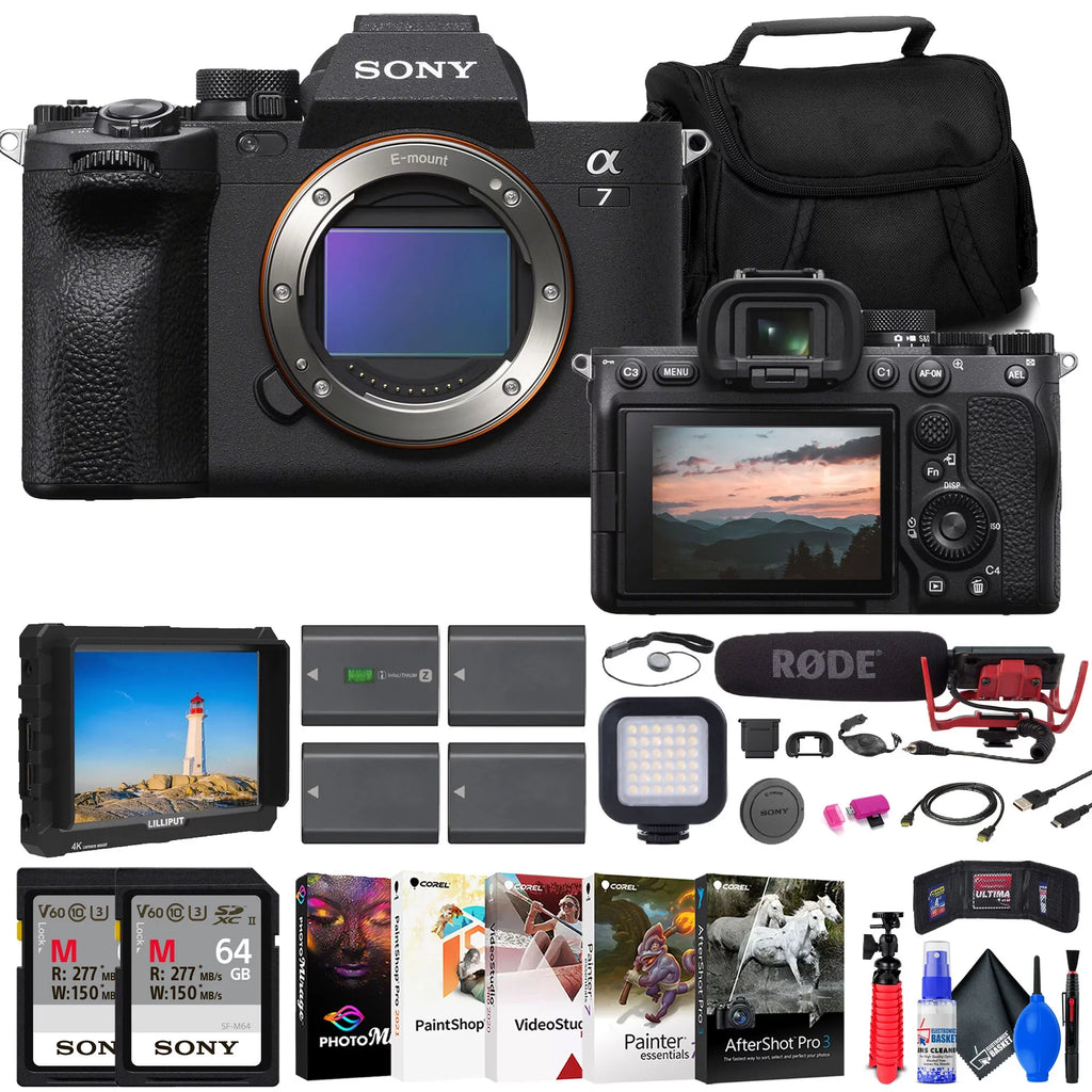 a7 IV Mirrorless Camera + 4K Monitor + Rode VideoMic + 2 x 64GB Cards + More