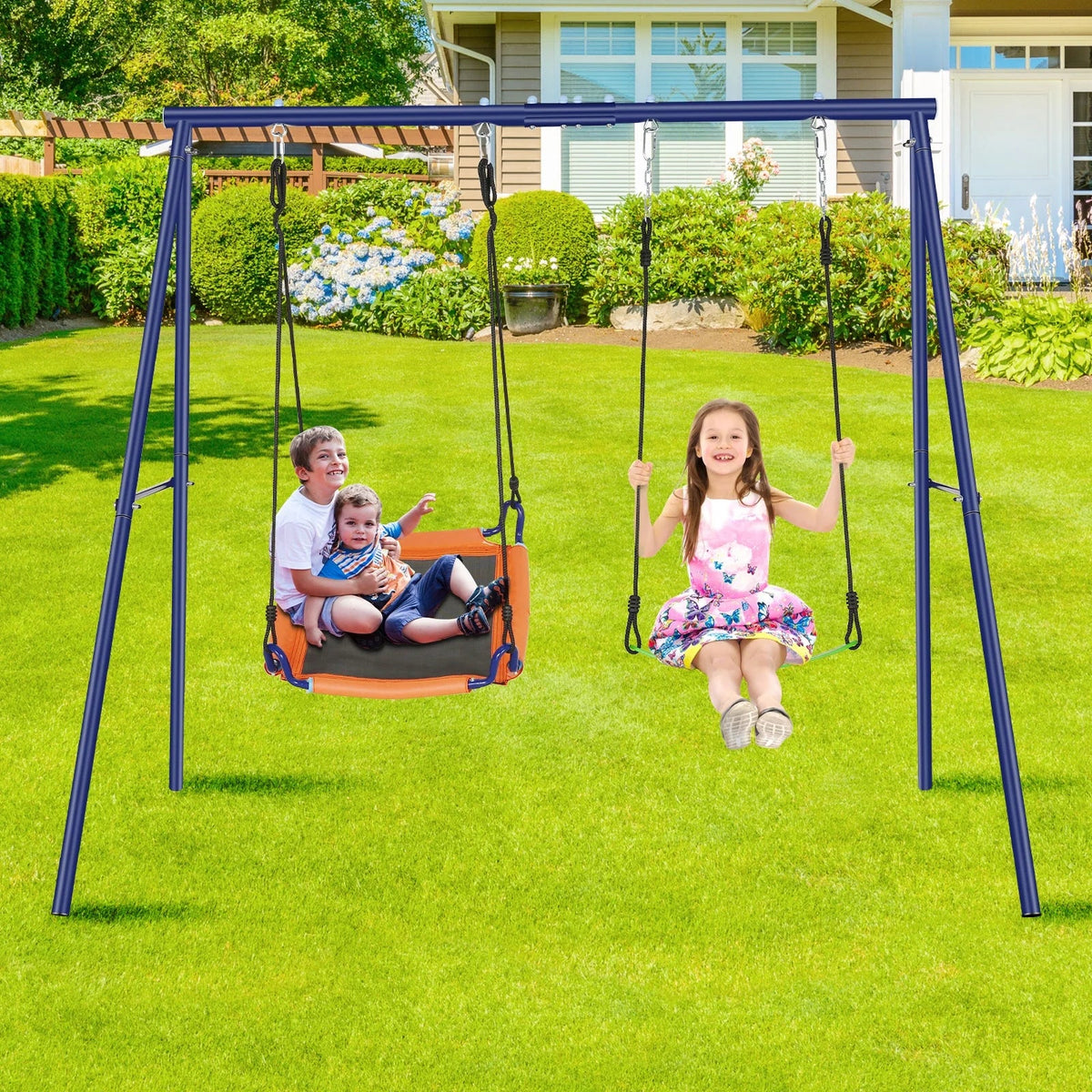 Qhomic 440lbs Swing Set for Backyards, 2-in-1 Outdoor Swing Set  with 1Saucer & 1Belt Swing Seat, Kids Swing Sets with Adjustable Swing Seat