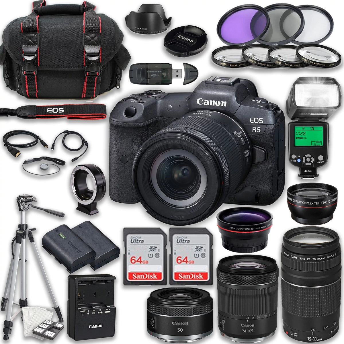 EOS R5 Full Frame Mirrorless Camera with RF 24-105mm STM & 75-300mm f/4-5.6 III + RF 50mm f/1.8 STM Lenses + 128GB Memory Card + Accessories including: TTL Flash, Extra Battery, Tripod & More
