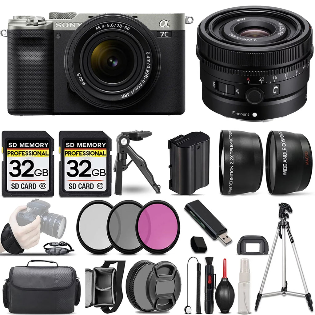 a7C Mirrorless Camera (Silver) with 28-60mm Lens+24mm f/2.8 G Lens +3 PC Filter +64GB