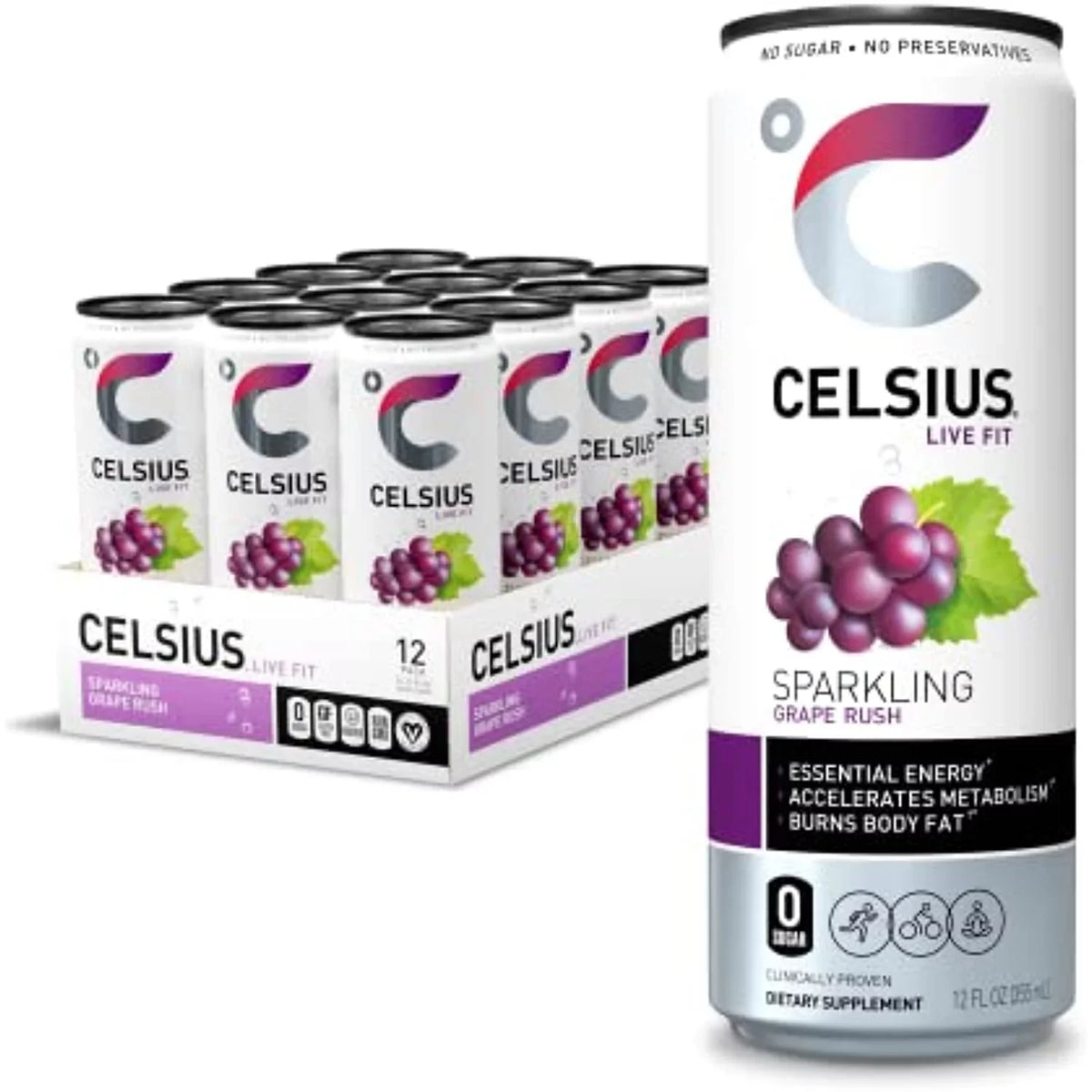 Celsius Essential Energy Drink 12 Fl Oz, Sparkling Grape Rush (Pack Of 12)
