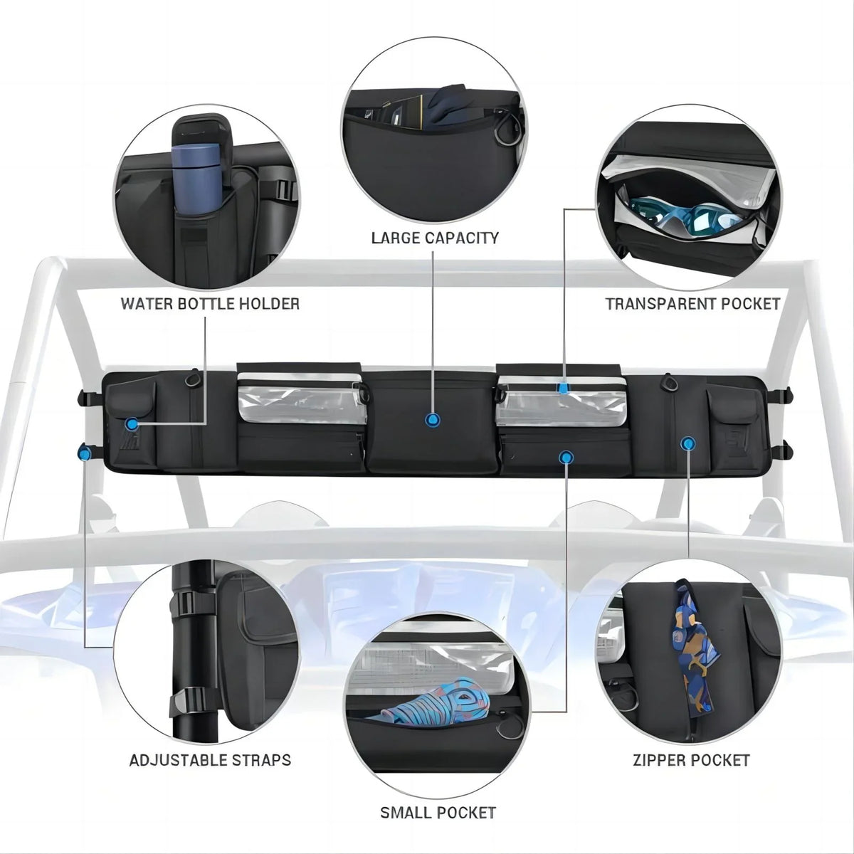 MICTUNING UTV Roll Cage Organizer, Cargo Rear Storage Bag Gear Tool Bag with Multiple Pockets appropriate