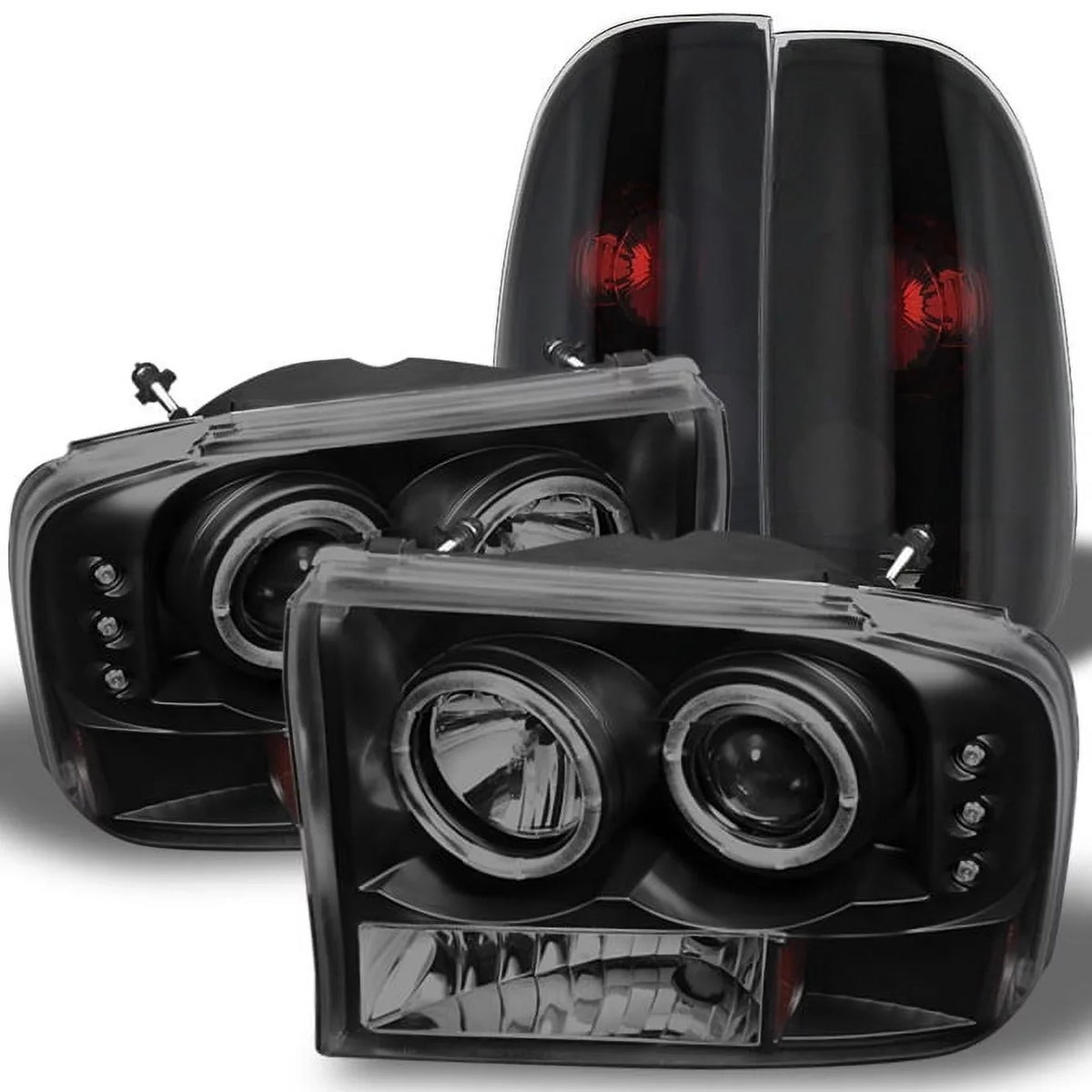 AKKON - For Black Smoked  1999-2004 F250 F350 F450 F550 Superduty Dual Halo Projector LED Headlights + Tail Light Lamp