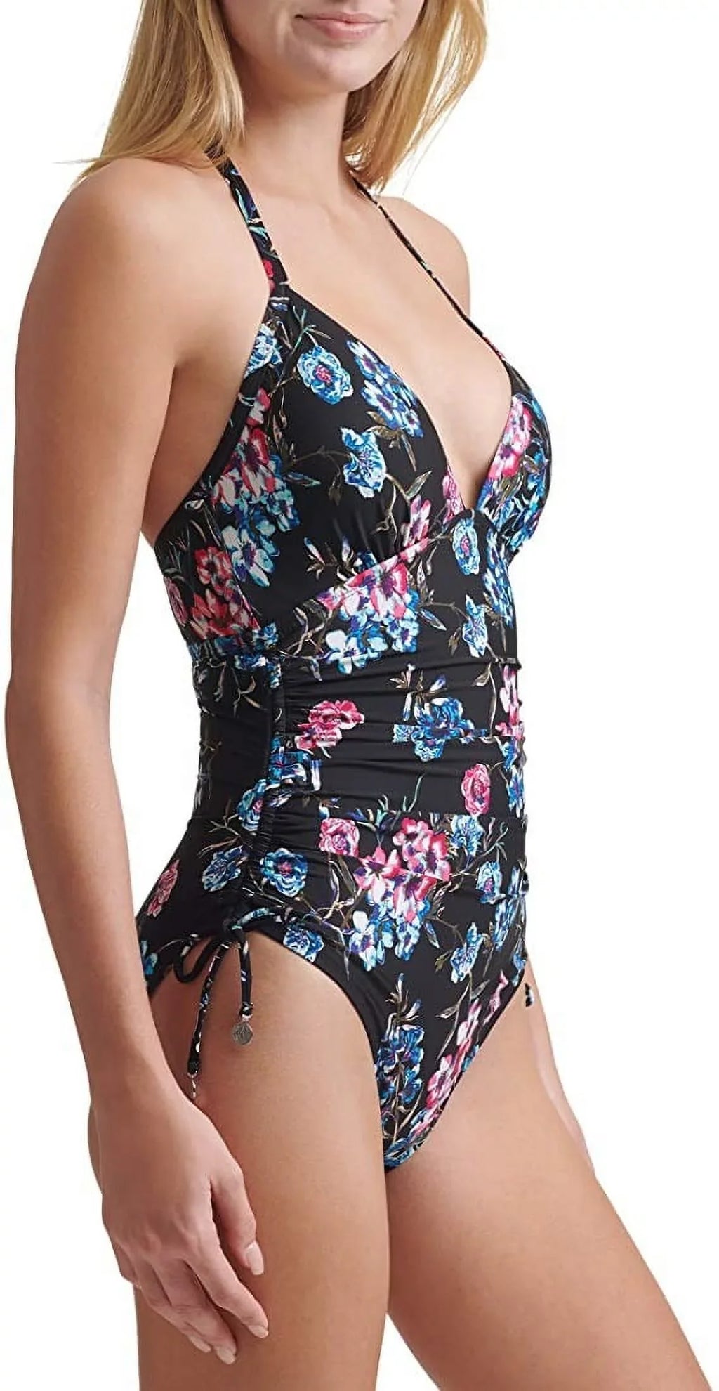 DKNY BLACK FLORAL Floral-Print Halterneck One-Piece Swimsuit, US 4