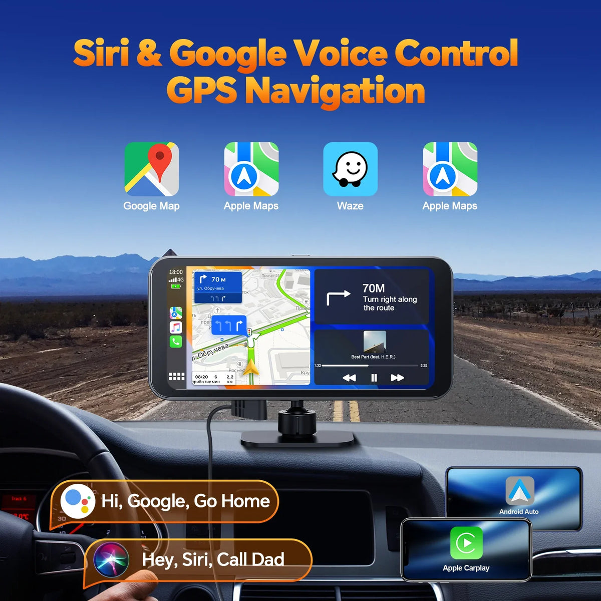 TOGUAR 6.25" Portable  Carplay Android Auto Screen with 4K Ultra HD Dash Cam, Wireless Car Play for GPS Navigation, Bluetooth Car Stereo, Backup Camera Park Assist, Mirror Link Car Radio Receiver