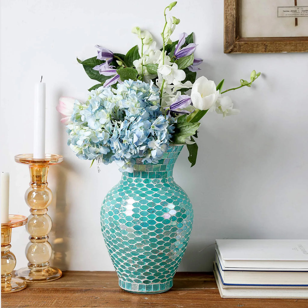 WHOLE HOUSEWARES 10.5" Tall Mosaic Glass Vase (Blue)