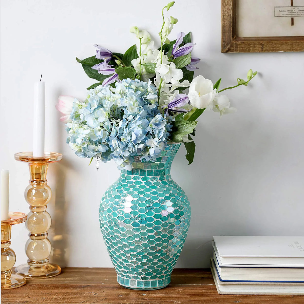 WHOLE HOUSEWARES 10.5" Tall Mosaic Glass Vase (Blue)