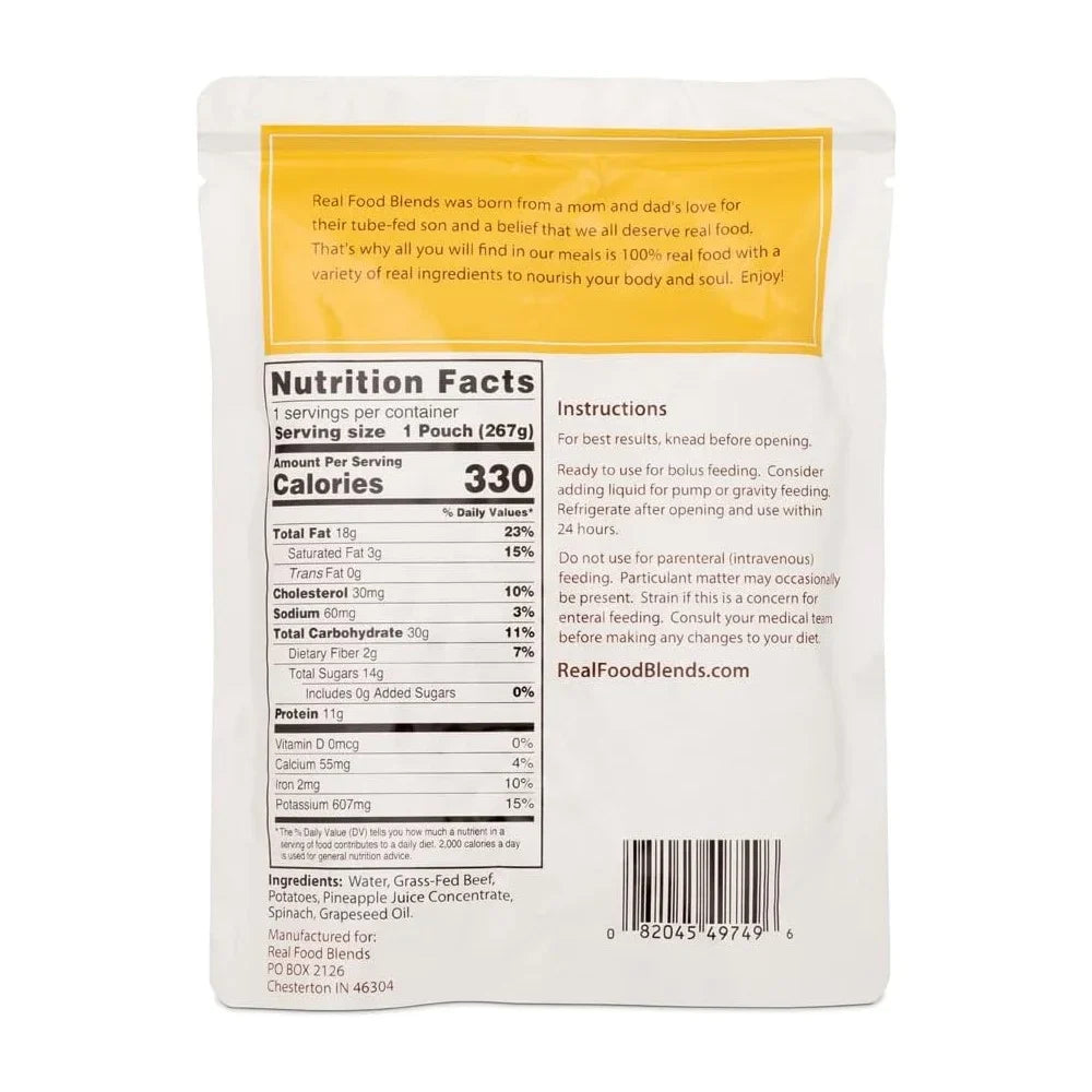 Real Food Blends - Beef, Potatoes & Spinach - Meals for Tube Fed People - 9.4 Oz Pouch (Pack of 12)