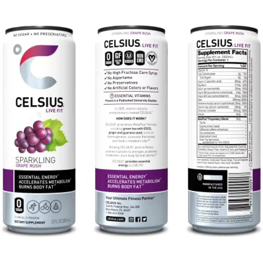 Celsius Essential Energy Drink 12 Fl Oz, Sparkling Grape Rush (Pack Of 12)
