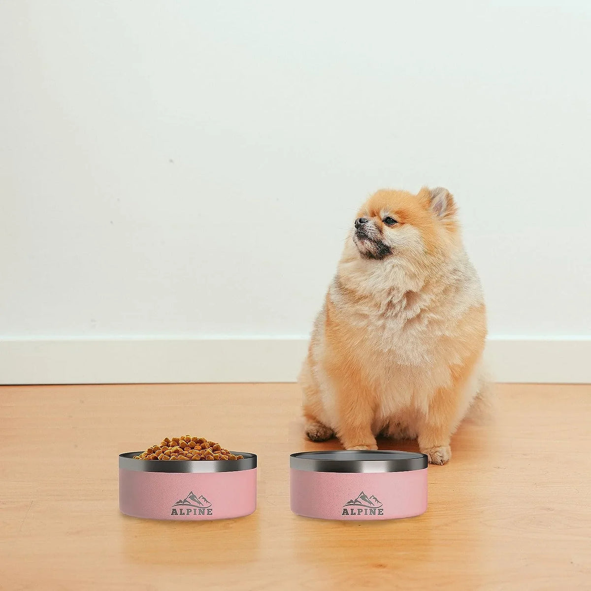 ALPINE Set of 2 Stainless Steel Dog Bowls, Non Slip, Metal Pet Bowl for Food and aqua, Double Walled Insulated, Rustproof, Dishwasher Safe (32 oz, Pink)