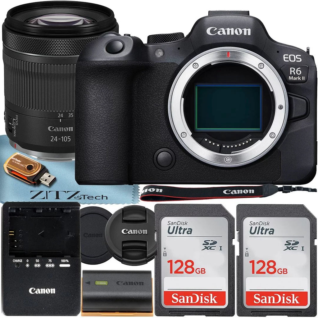 EOS R6 Mark II Mirrorless Camera with RF 24-105mm f/4-7.1 IS STM Lens + 2 Pack SanDisk 128GB Memory Card + ZeeTech Accessory Bundle