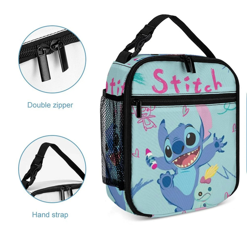 Happy Lilo Stitch Portable Lunch Bag Tote Bento Bag School Office Insulated Cooler Thermal Handbag For Adult Boys Girls Kids