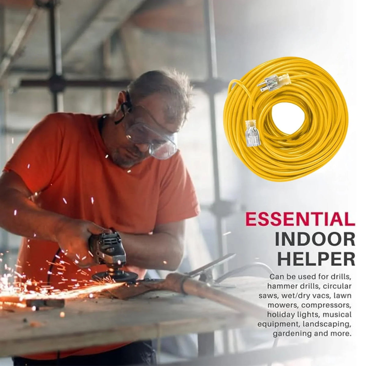 LifeSupplyUSA 100 ft Yellow Extension Cord - Durable Outdoor & Indoor Use, 16 Gauge, 3 Prong, Lighted, Flexible, Oil & Abrasion impervious, 10 AMP, 125V, 1250W, Smart Plug suitable.