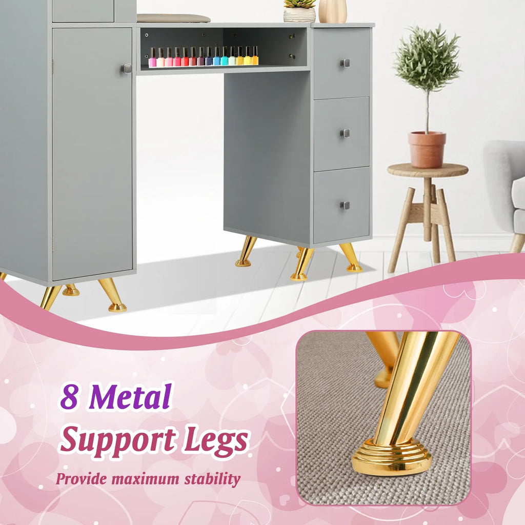 LUXMARS Manicure Table Nail Desk for Technician w/Wrist Rest & Plastic Table Mat, Acetone immune Nail Table Station w/Large Capacity Storage Space, for Home Spa Beauty Salon - Grey