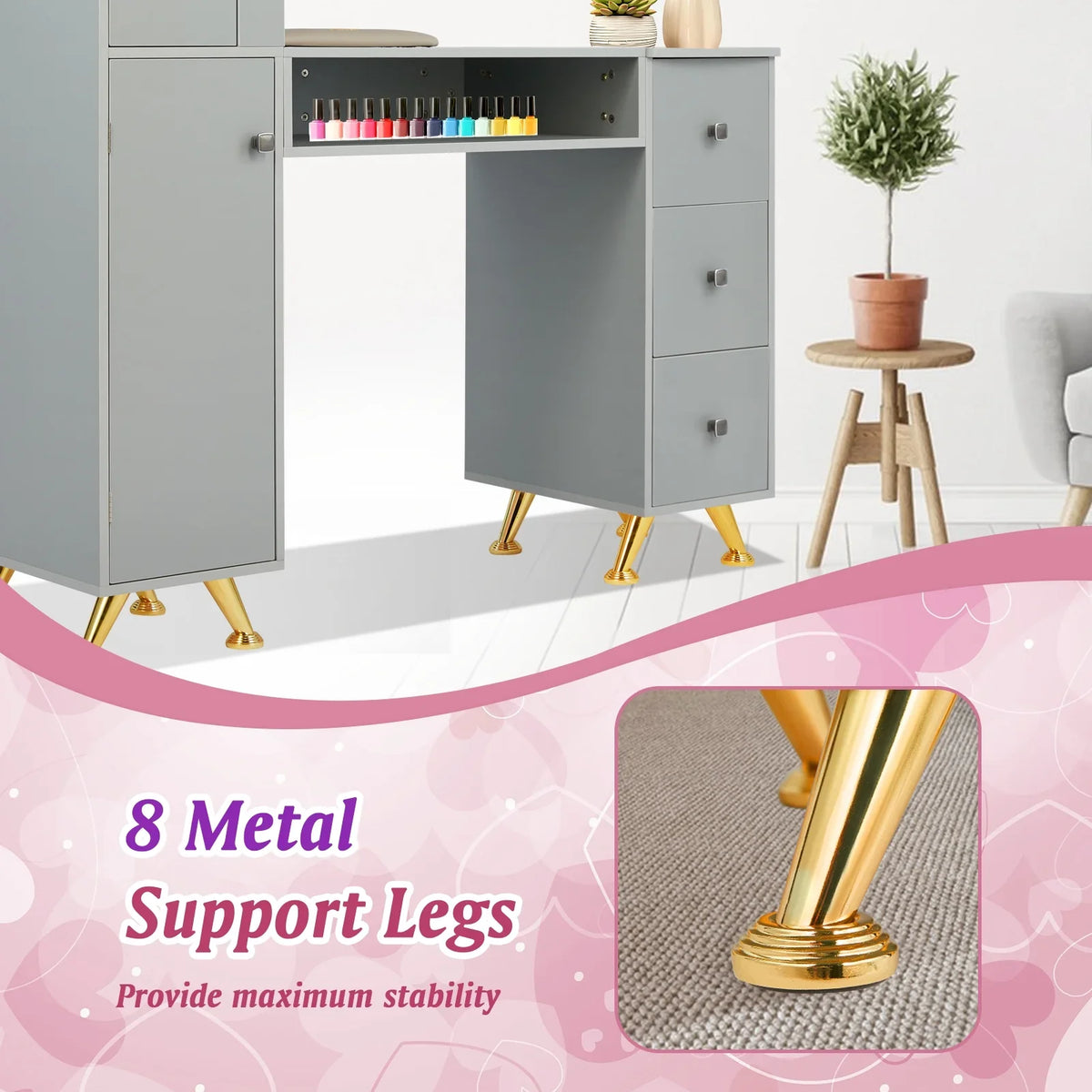 LUXMARS Manicure Table Nail Desk for Technician w/Wrist Rest & Plastic Table Mat, Acetone immune Nail Table Station w/Large Capacity Storage Space, for Home Spa Beauty Salon - Grey