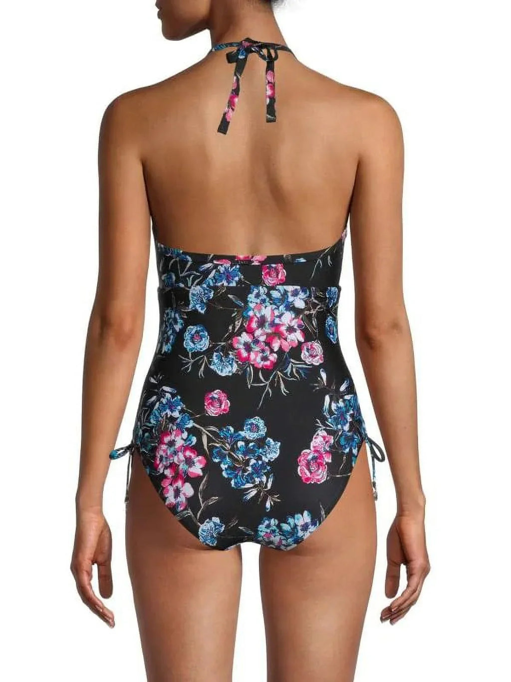 DKNY BLACK FLORAL Floral-Print Halterneck One-Piece Swimsuit, US 4