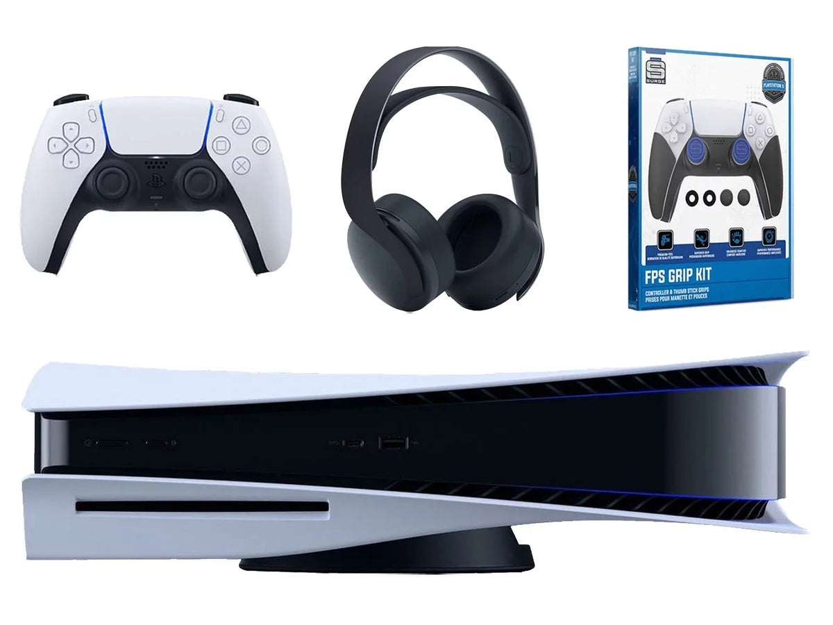 Playstation 5 Disc Version Console with Black PULSE 3D Wireless Gaming Headset and Surge FPS Grip Kit With Precision Aiming Rings