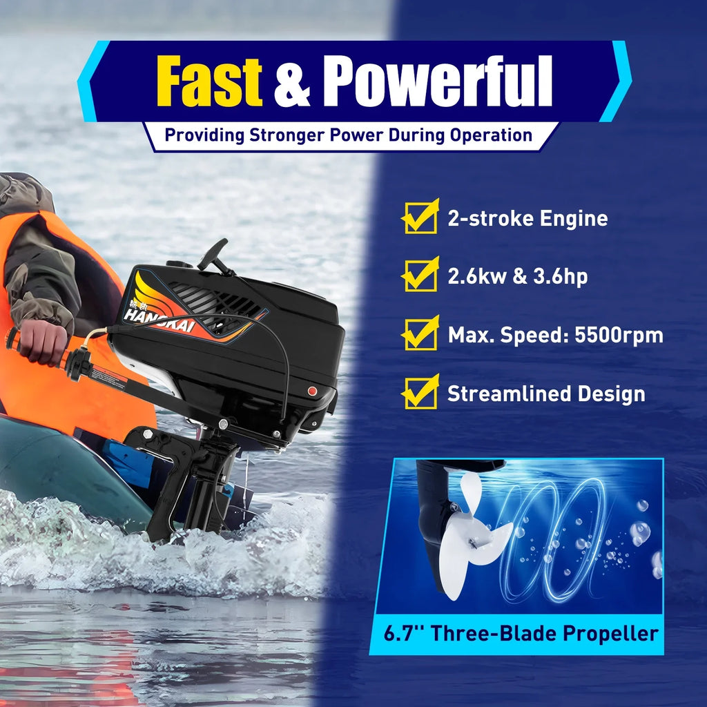 2 Stroke 3.6  Gasoline Outboard Motor, 55cc Fishing craft Engine with moisture Cooling System Clutch Control Black