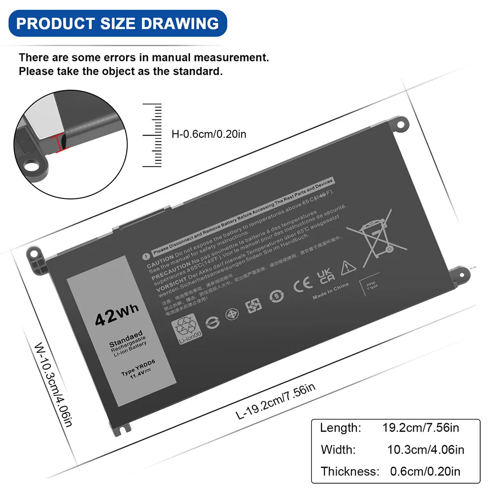 For  Inspiron 14 5481 5482 5485 5491 2-in-1 3-Cell 42Wh Laptop Battery YRDD6